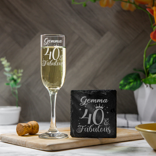 40 & Fabulous Engraved Champagne Glass and/or Coaster Set  - Always Looking Good - Glass & Square Coaster Set  