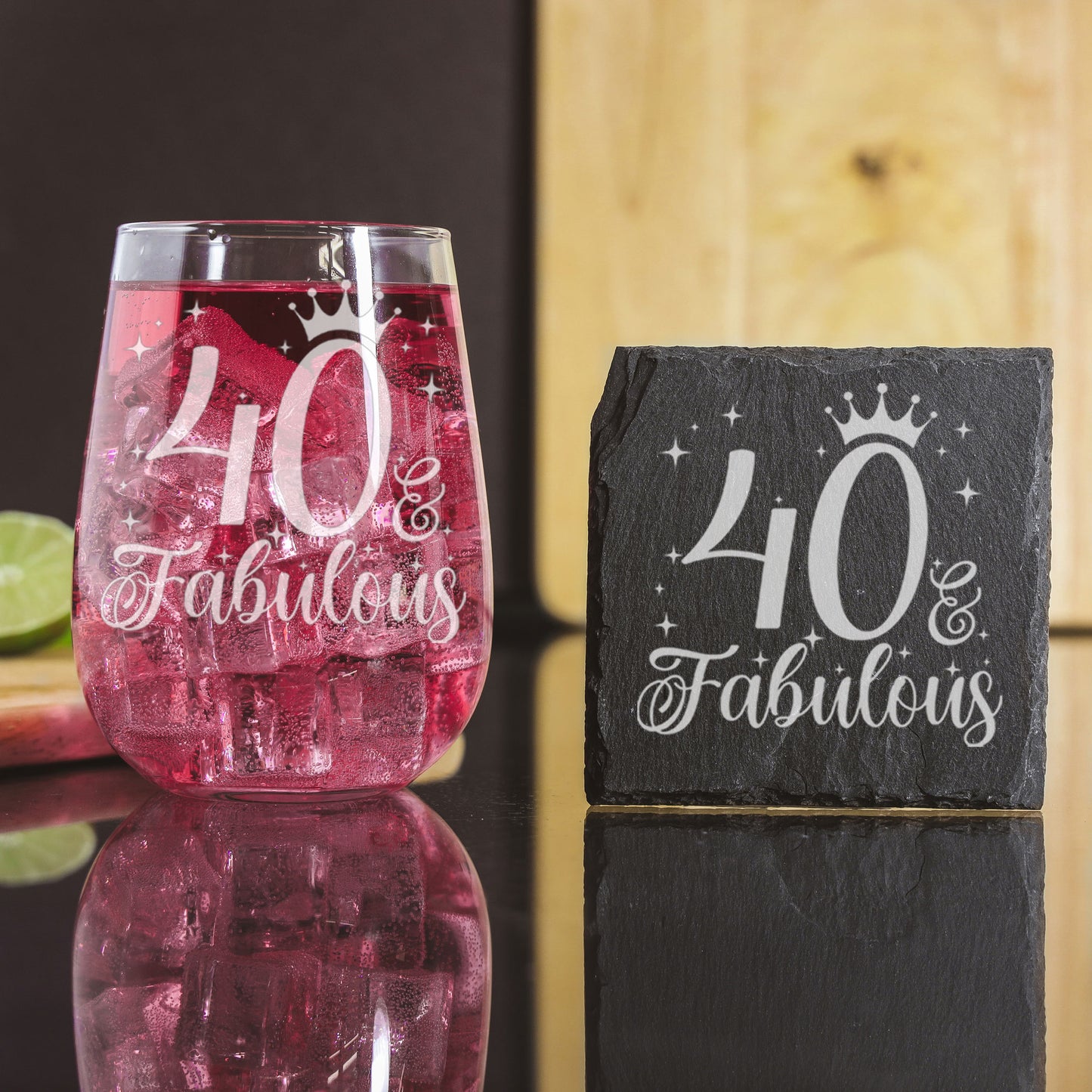 40 & Fabulous Engraved Stemless Gin Glass and/or Coaster Set  - Always Looking Good -   