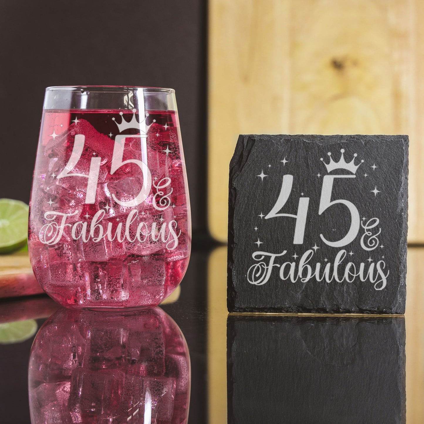 45 & Fabulous Engraved Stemless Gin Glass and/or Coaster Set  - Always Looking Good - Glass & Square Coaster Set  
