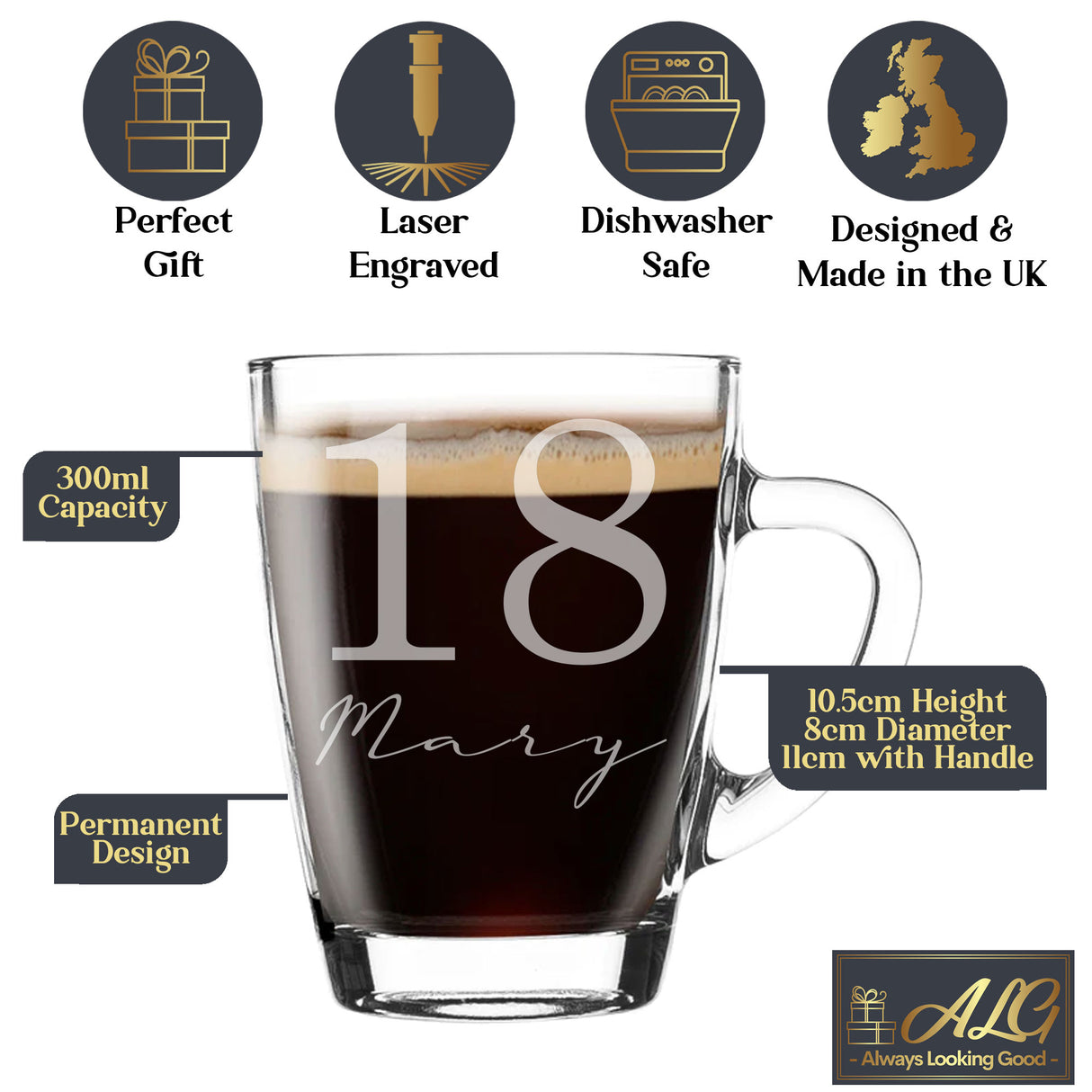 18th Birthday Engraved Glass Coffee Mug – Personalised Age & Name Gift