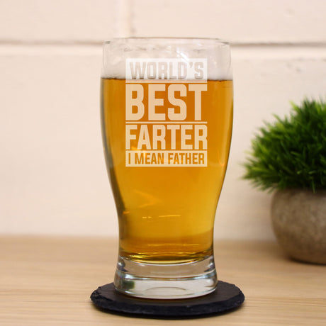 “Worlds Best Farter I Mean Father” Engraved Beer Glass For Dad and/or Coaster Set  - Always Looking Good -   
