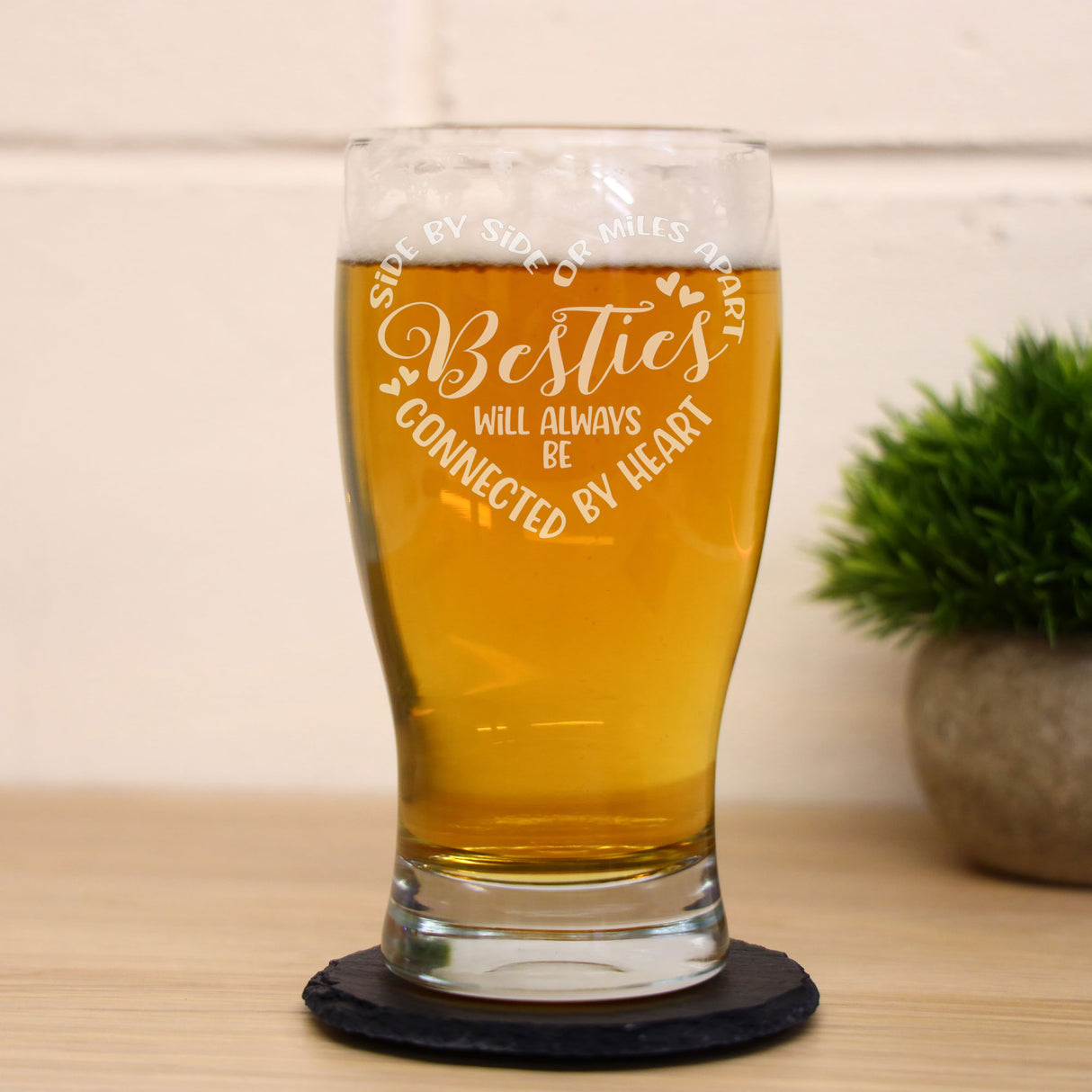 Besties Connected By Heart Engraved Beer Glass and/or Coaster Set  - Always Looking Good -   gift for best friend