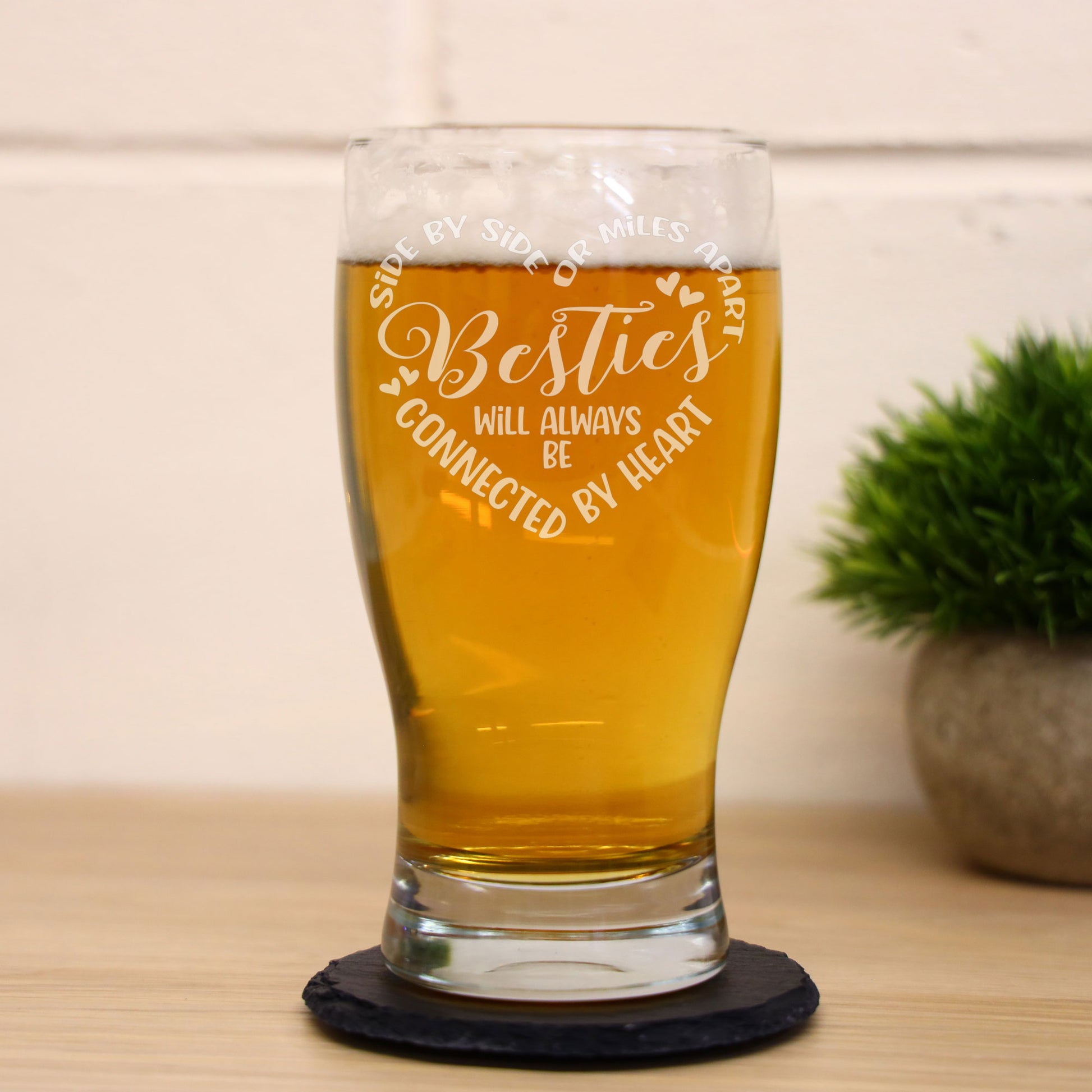 Besties Connected By Heart Engraved Beer Glass and/or Coaster Set  - Always Looking Good -   gift for best friend
