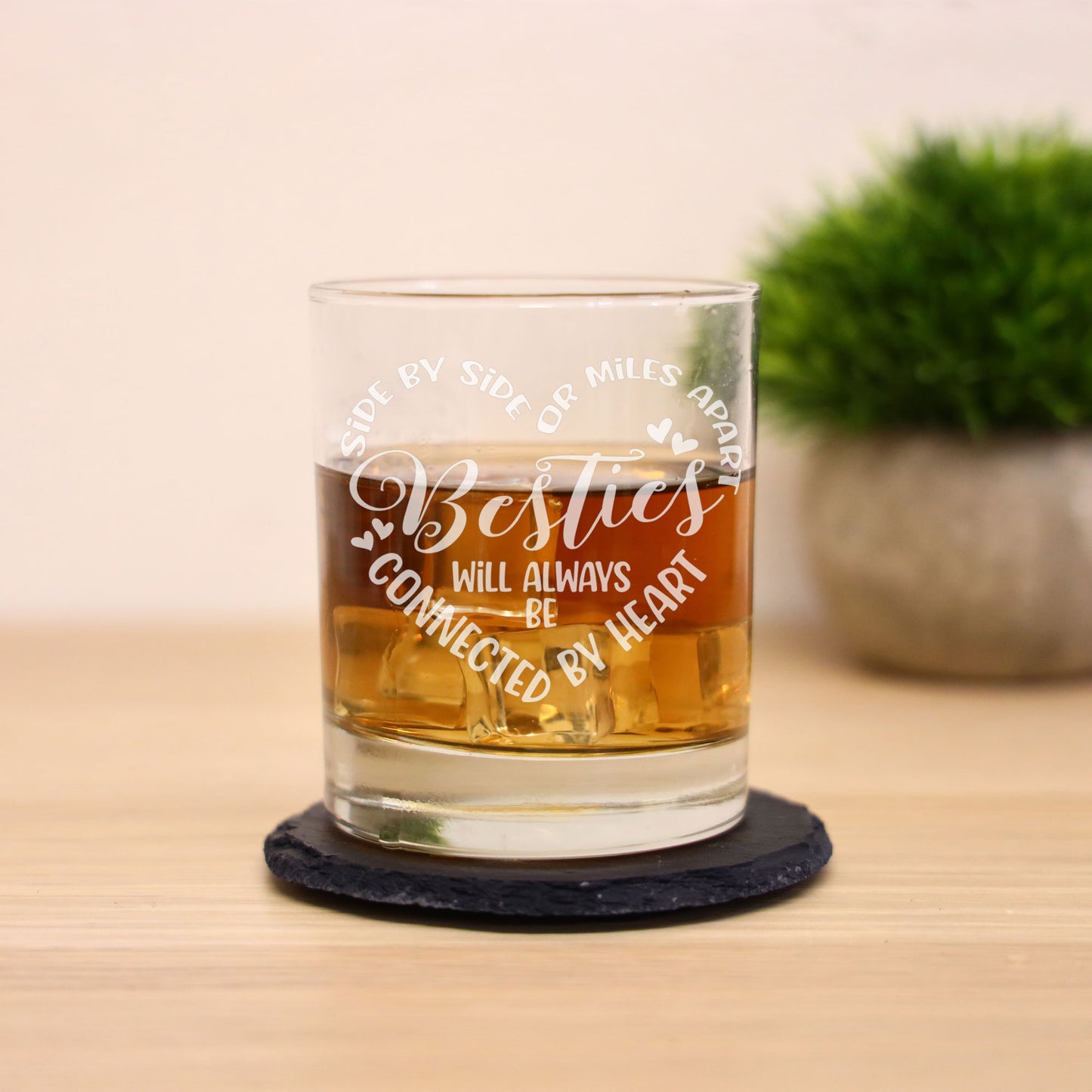 Besties Connected By Heart Engraved Whisky Glass and/or Coaster Set  - Always Looking Good -   