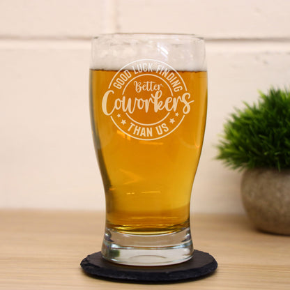 Engraved Pint Glass & Coaster Set – Funny, Good Luck Leaving Gift for Colleague or Boss