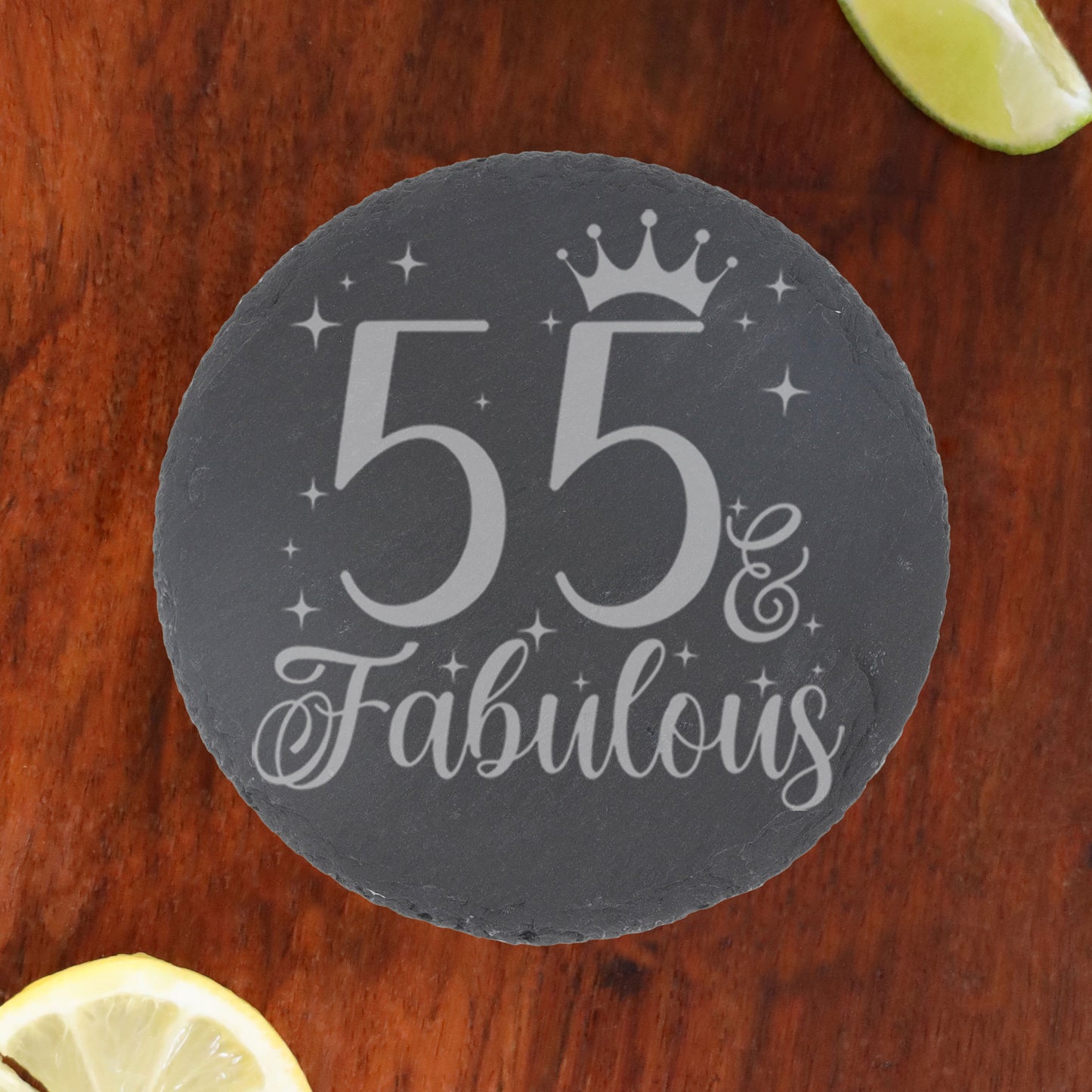 55 & Fabulous Engraved Stemless Gin Glass and/or Coaster Set  - Always Looking Good - Round Coaster On Its Own  
