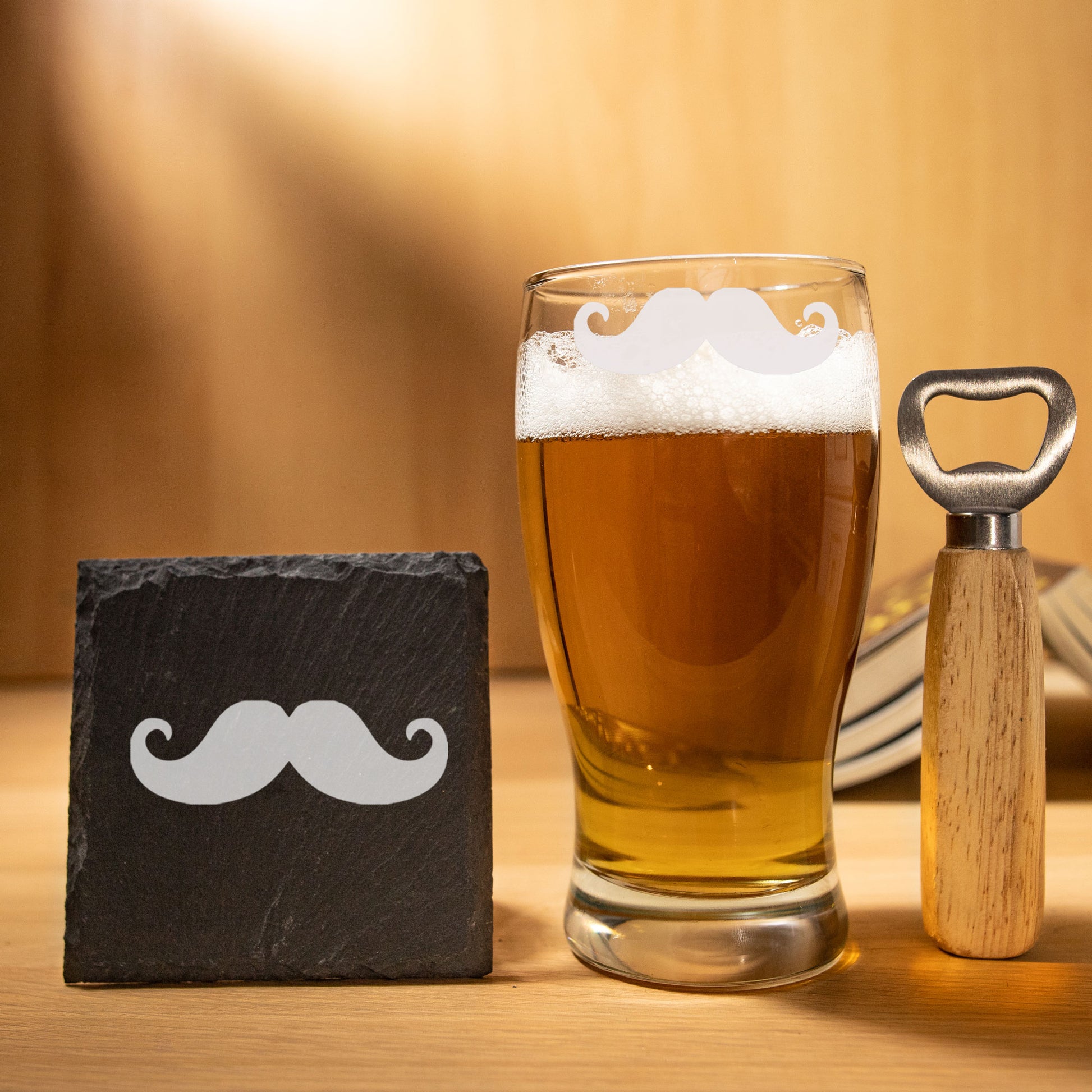 Moustache Engraved Beer Pint Glass and/or Coaster Set  - Always Looking Good -   
