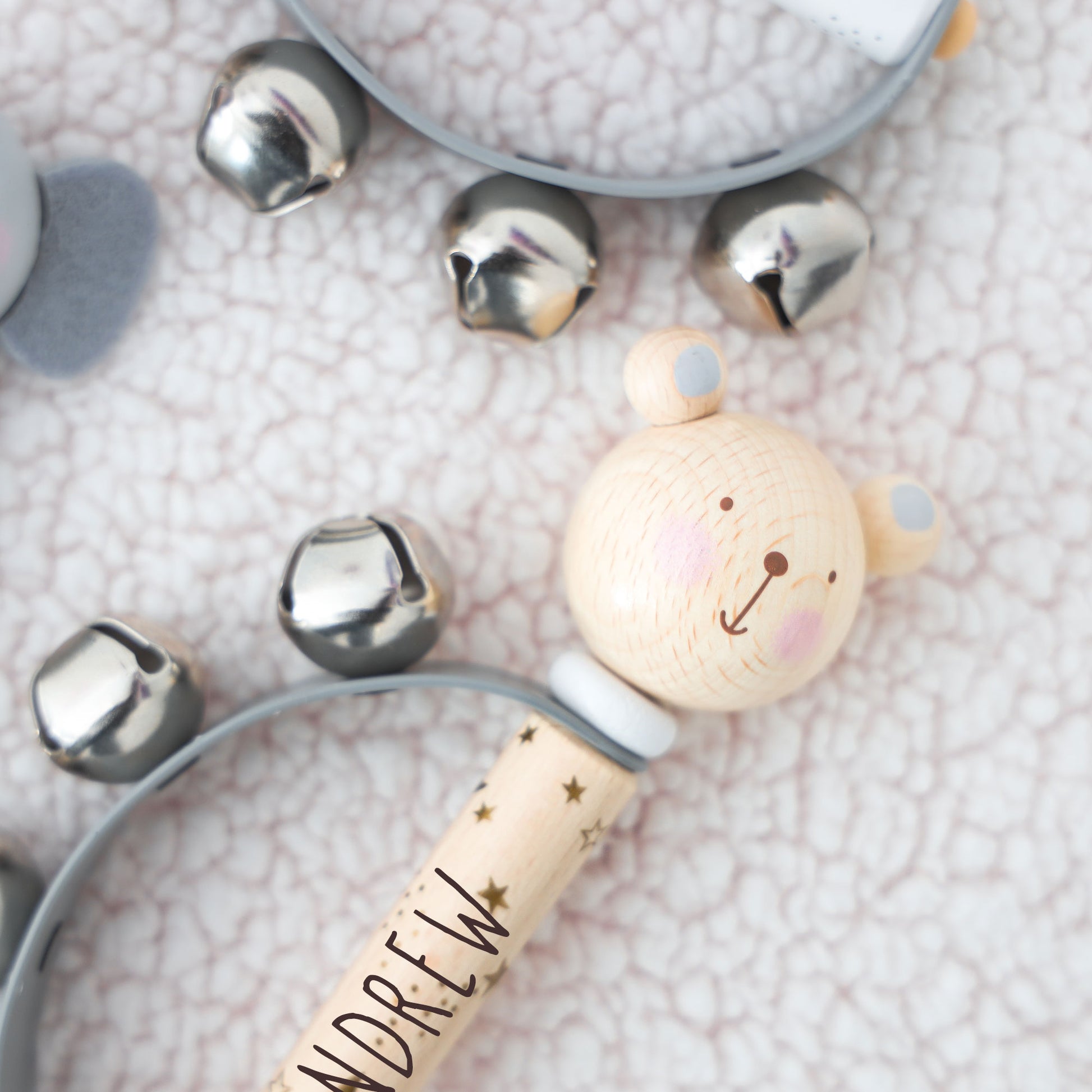 Personalised Engraved Wooden Baby Hand Bells Toy  - Always Looking Good - Teddy  