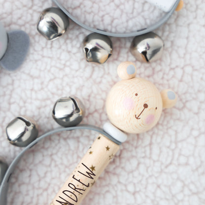 Personalised Engraved Wooden Baby Hand Bells Toy  - Always Looking Good - Teddy  