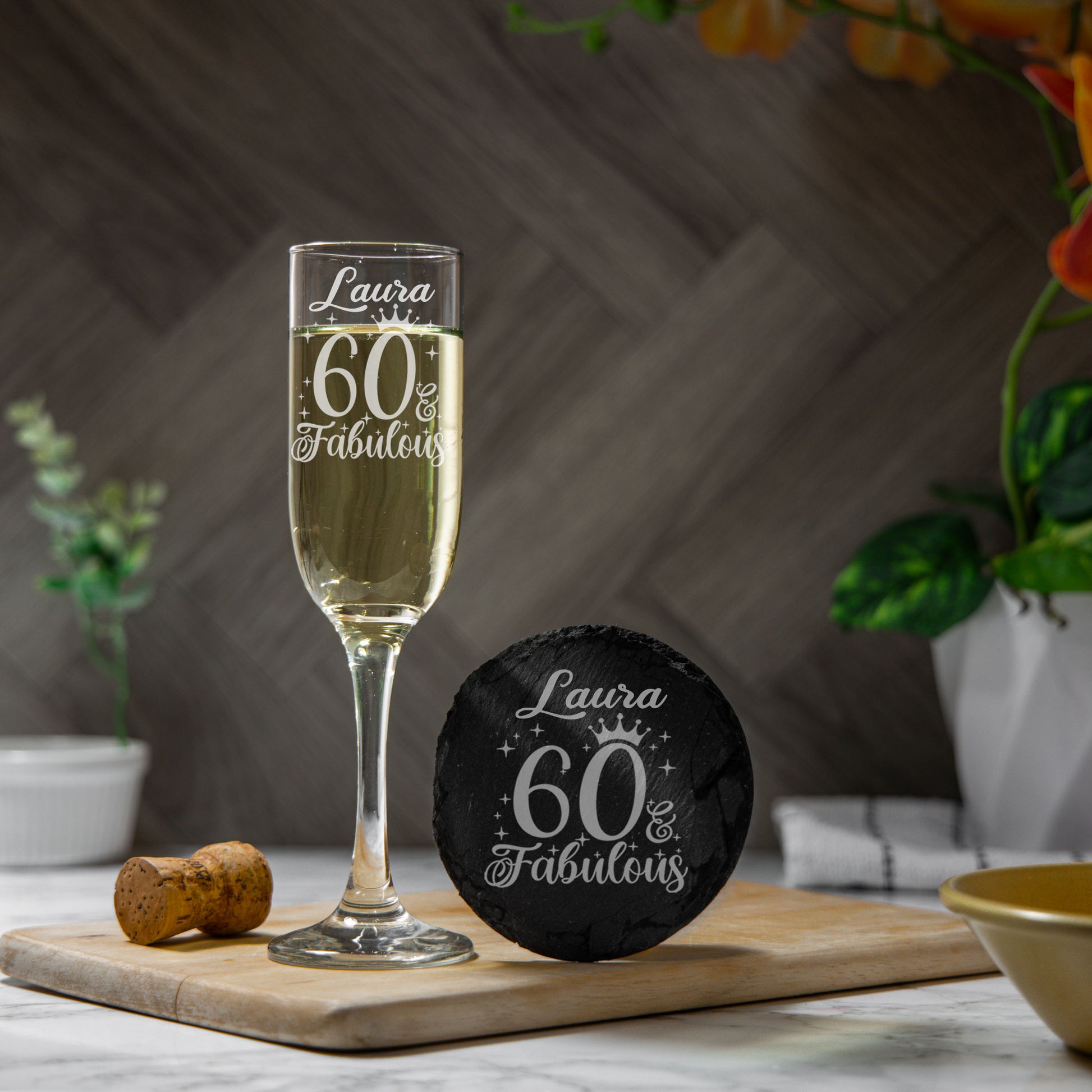 60 & Fabulous Engraved Champagne Glass and/or Coaster Set  - Always Looking Good - Glass & Round Coaster Set  