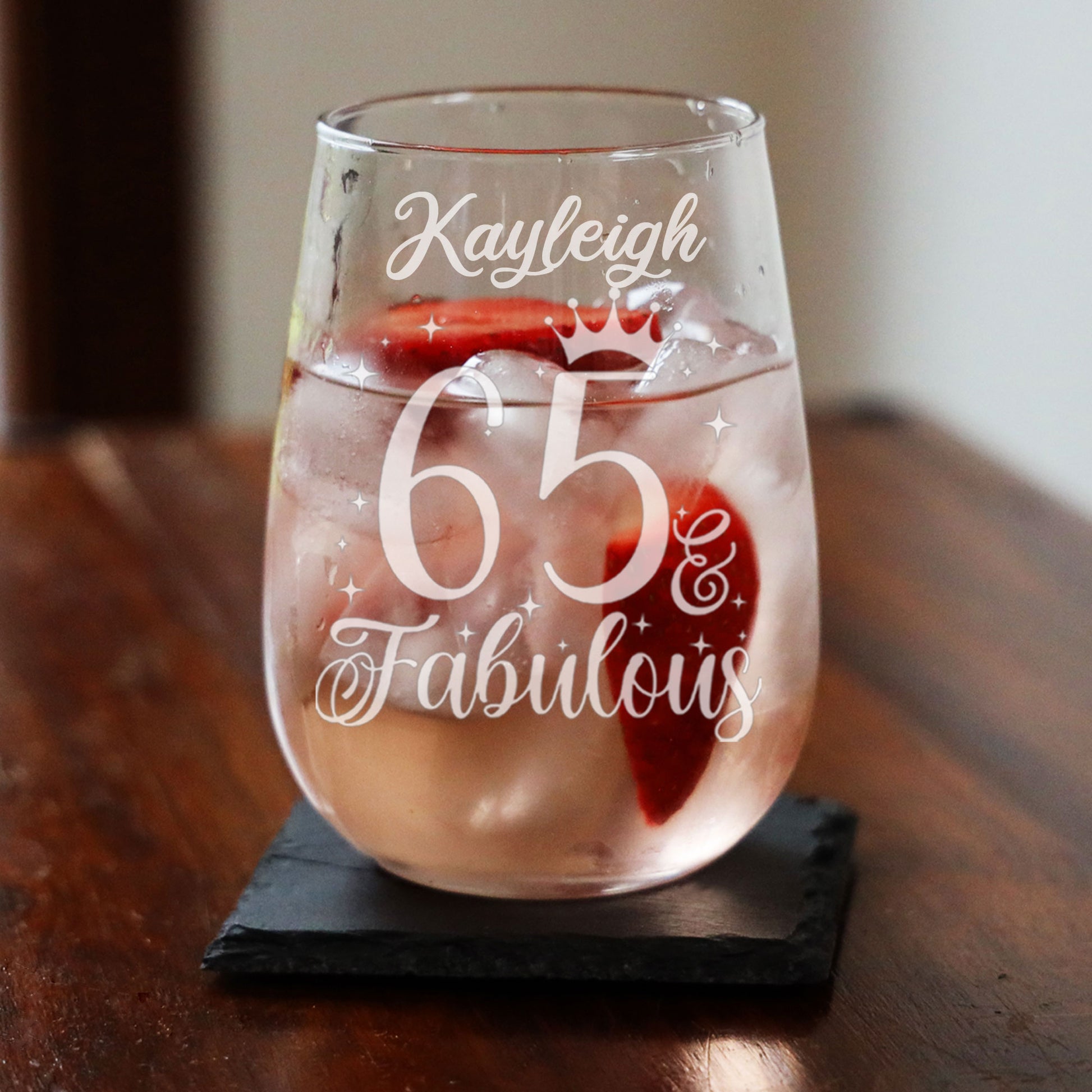 65 & Fabulous Engraved Stemless Gin Glass and/or Coaster Set  - Always Looking Good -   