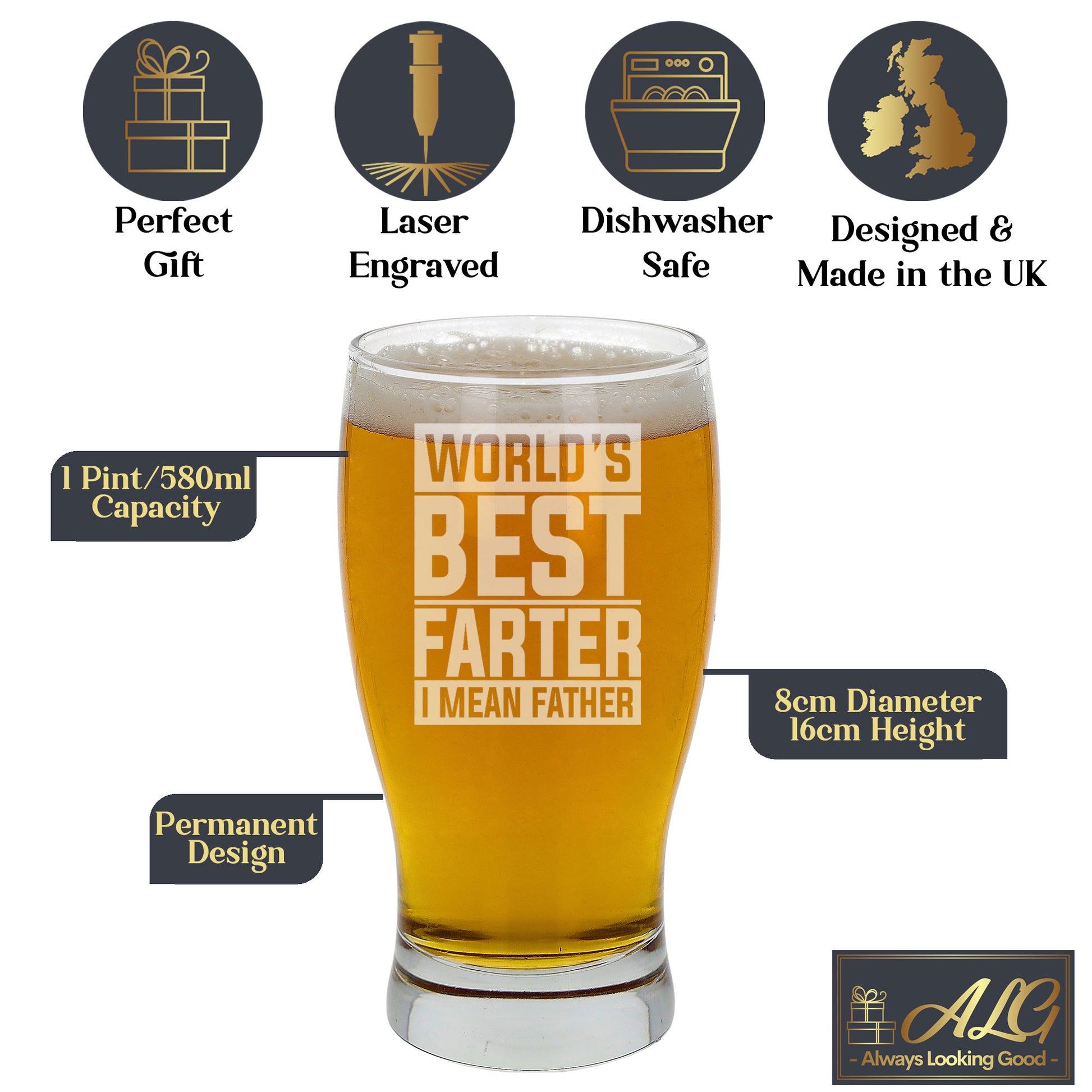 Worlds Best Farter I Mean Father Engraved Beer Glass and/or Coaster Set  - Always Looking Good -   