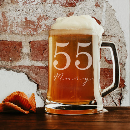 Personalised Beer Stein Glass & Coaster – Engraved with Age & Name Gift Set