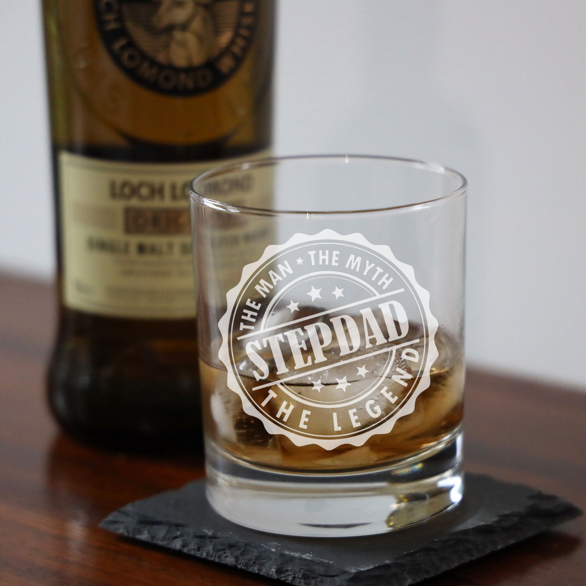 Man Myth Legend Step Dad Engraved Whisky Glass and/or Coaster Set  - Always Looking Good -   