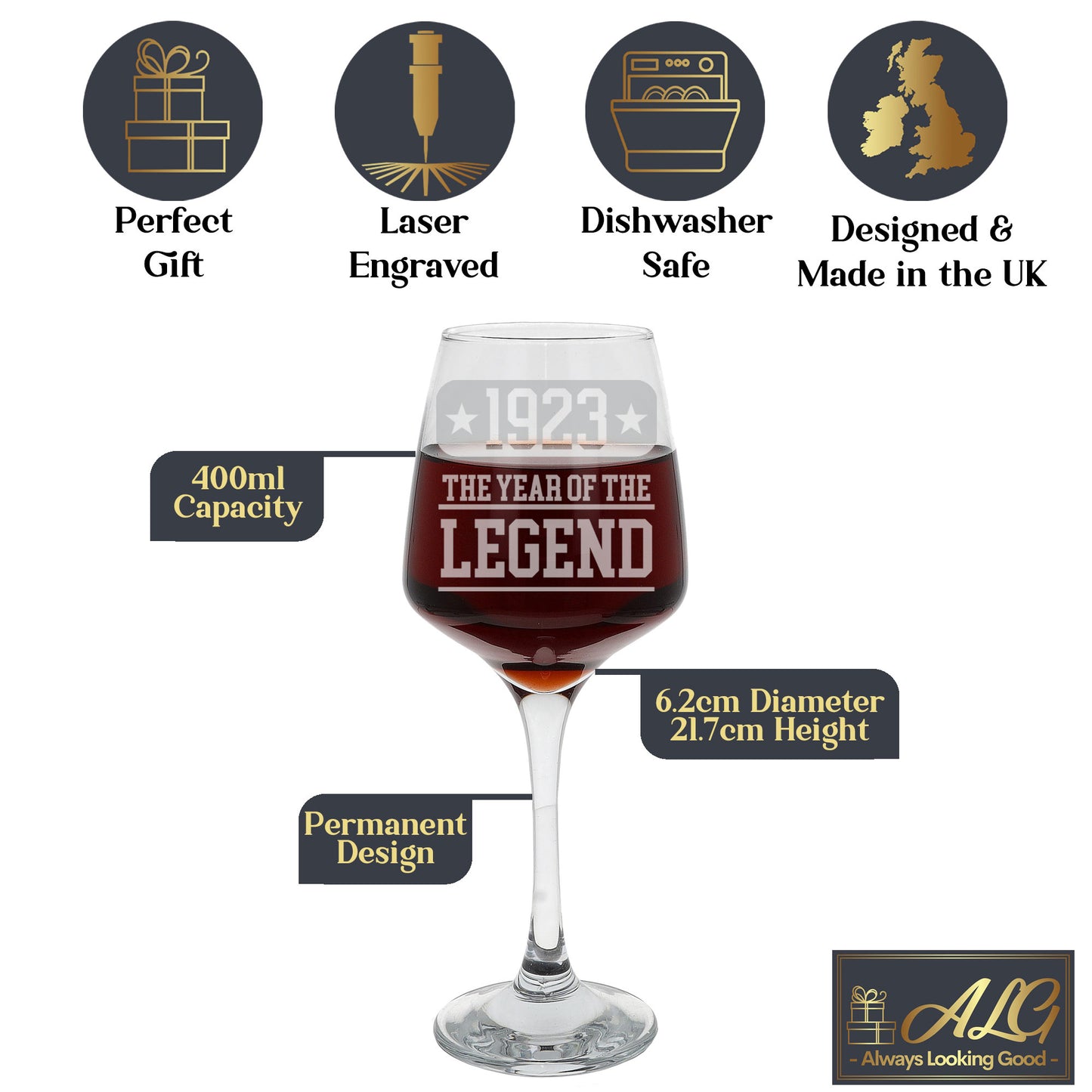 ANY Birthday Year Of The Legend Engraved Personalised Wine Glass and/or Coaster Set  - Always Looking Good - Wine Glass Only  