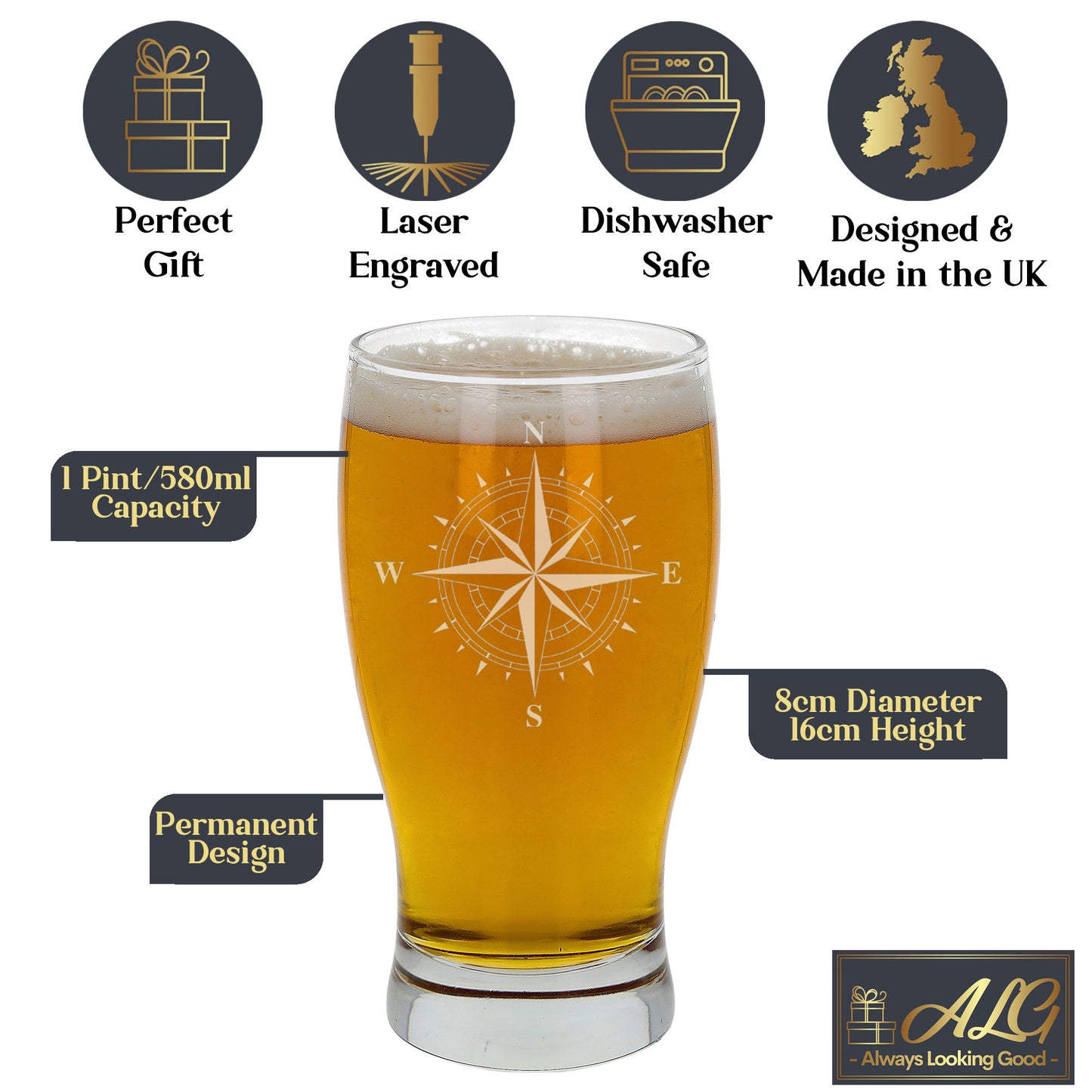 Compass Engraved Beer Pint Glass and/or Coaster Set  - Always Looking Good -   
