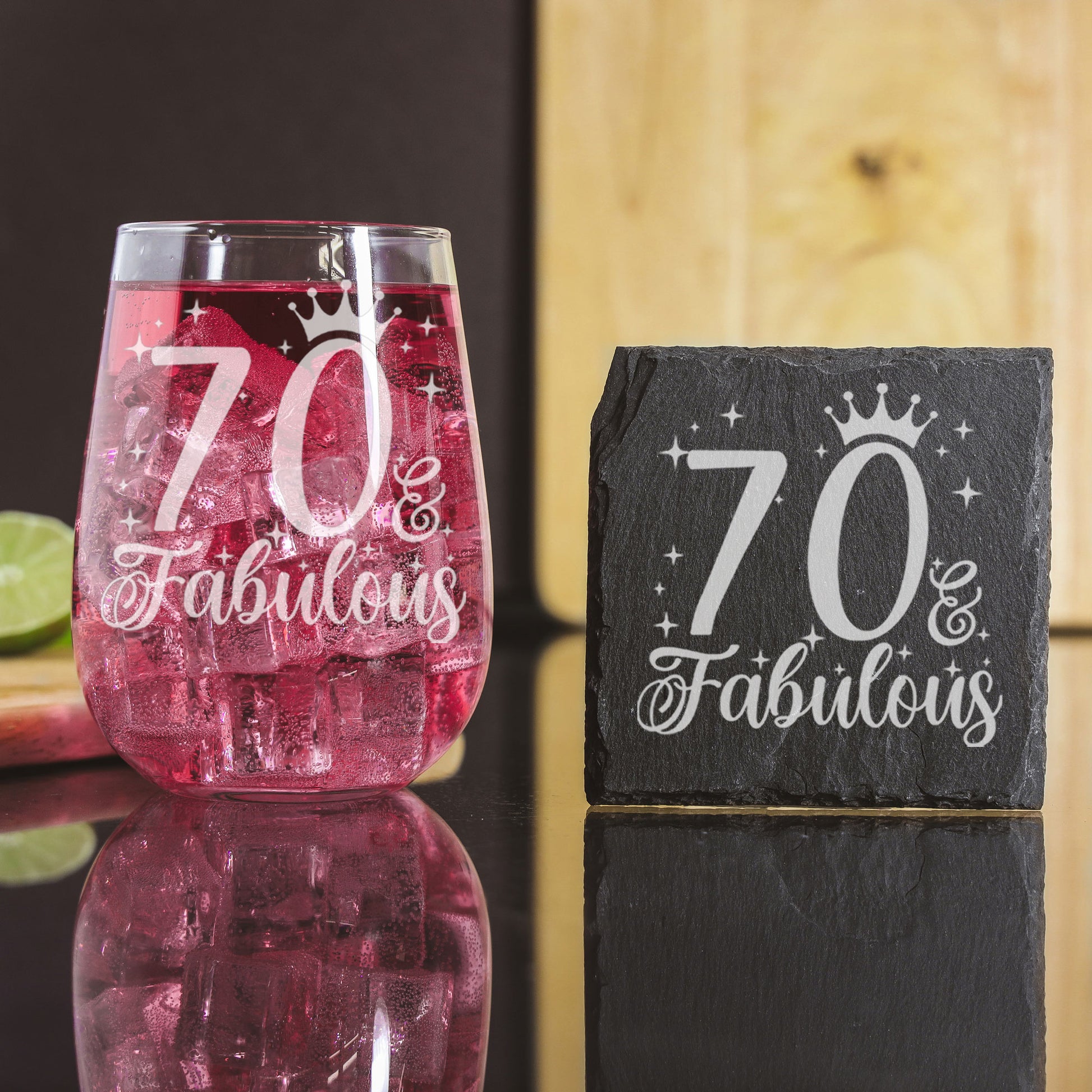 70 & Fabulous Engraved Stemless Gin Glass and/or Coaster Set  - Always Looking Good - Glass & Square Coaster Set  