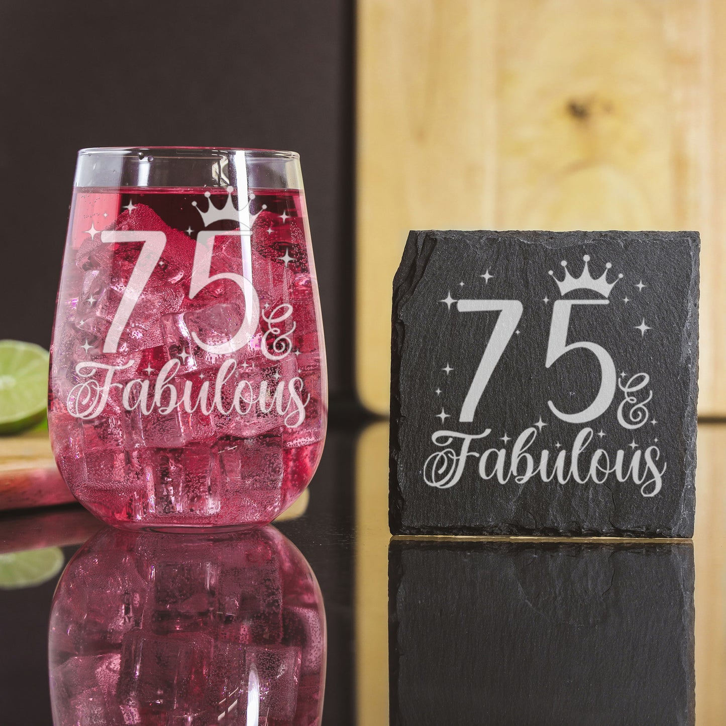 75 & Fabulous Engraved Stemless Gin Glass and/or Coaster Set  - Always Looking Good - Glass & Square Coaster Set  