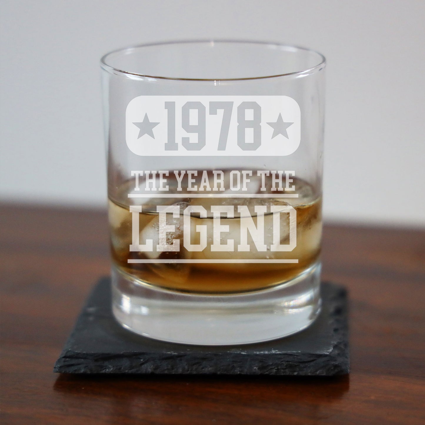 ANY Year Of The Legend Personalised Engraved Whisky Glass and/or Coaster Set  - Always Looking Good -   