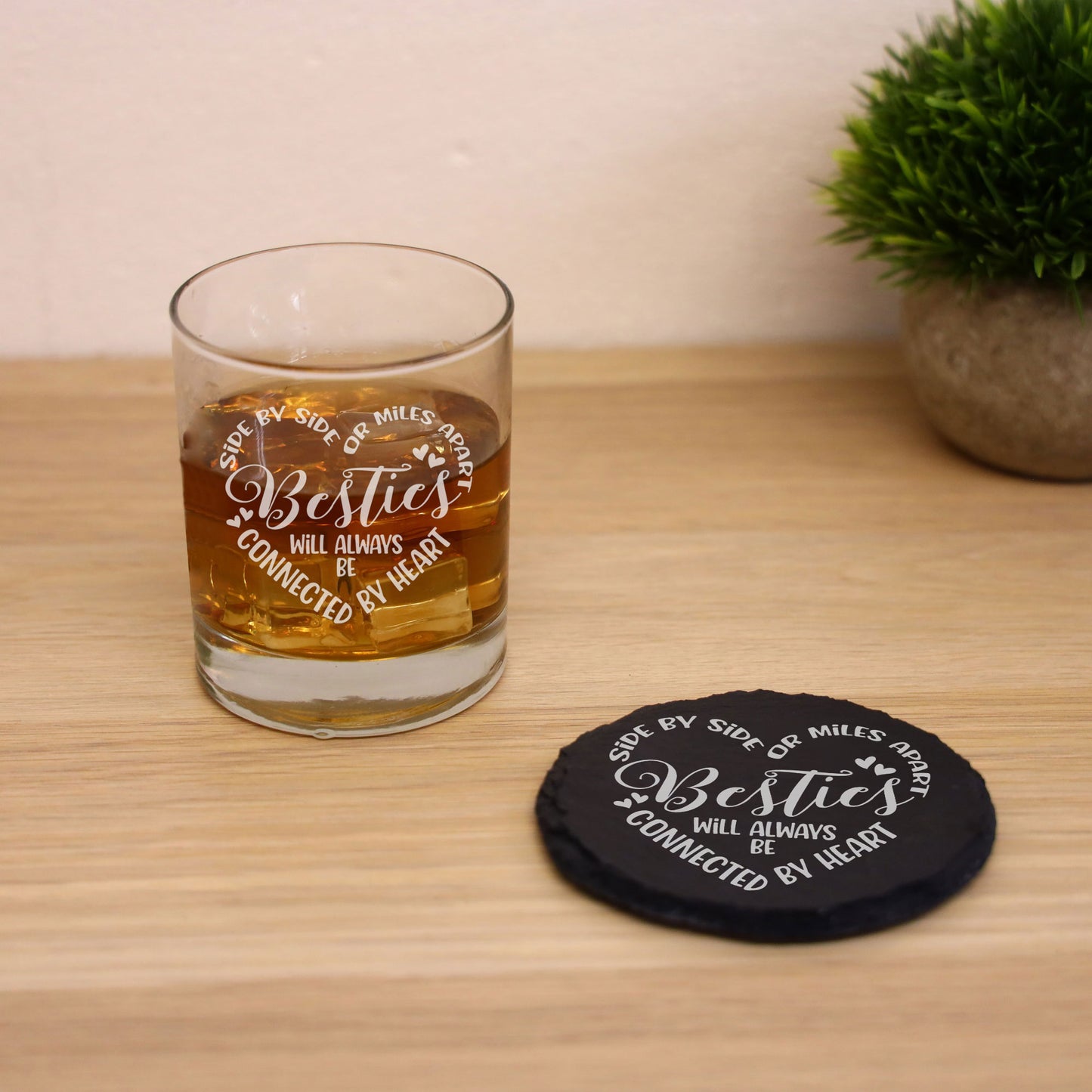 Besties Connected By Heart Engraved Whisky Glass and/or Coaster Set  - Always Looking Good - Glass & Round Coaster Set  