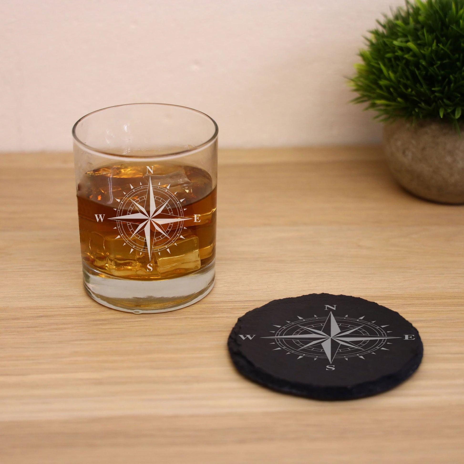 Compass Engraved Whisky Glass and/or Coaster Set  - Always Looking Good - Glass & Round Coaster Set  