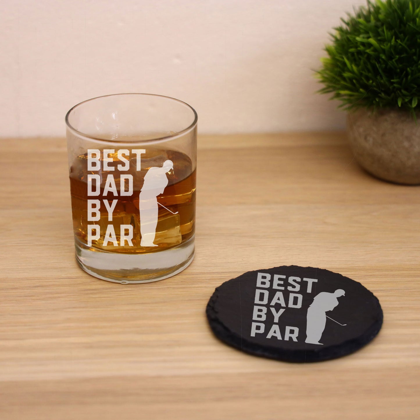 Best Dad By Par Engraved Whisky Glass and/or Coaster Set  - Always Looking Good - Glass & Round Coaster Set  