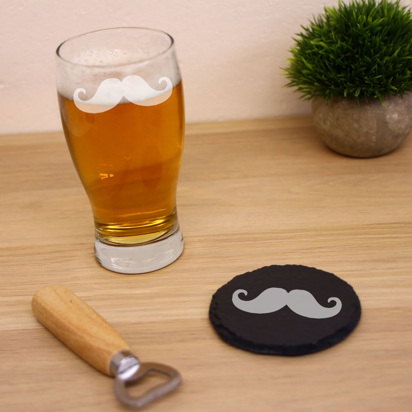 Moustache Engraved Beer Pint Glass and/or Coaster Set  - Always Looking Good - Glass & Round Coaster Set  