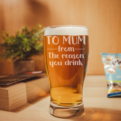 “From The Reason You Drink” Engraved Pint Glass Gift for Parents or Partners