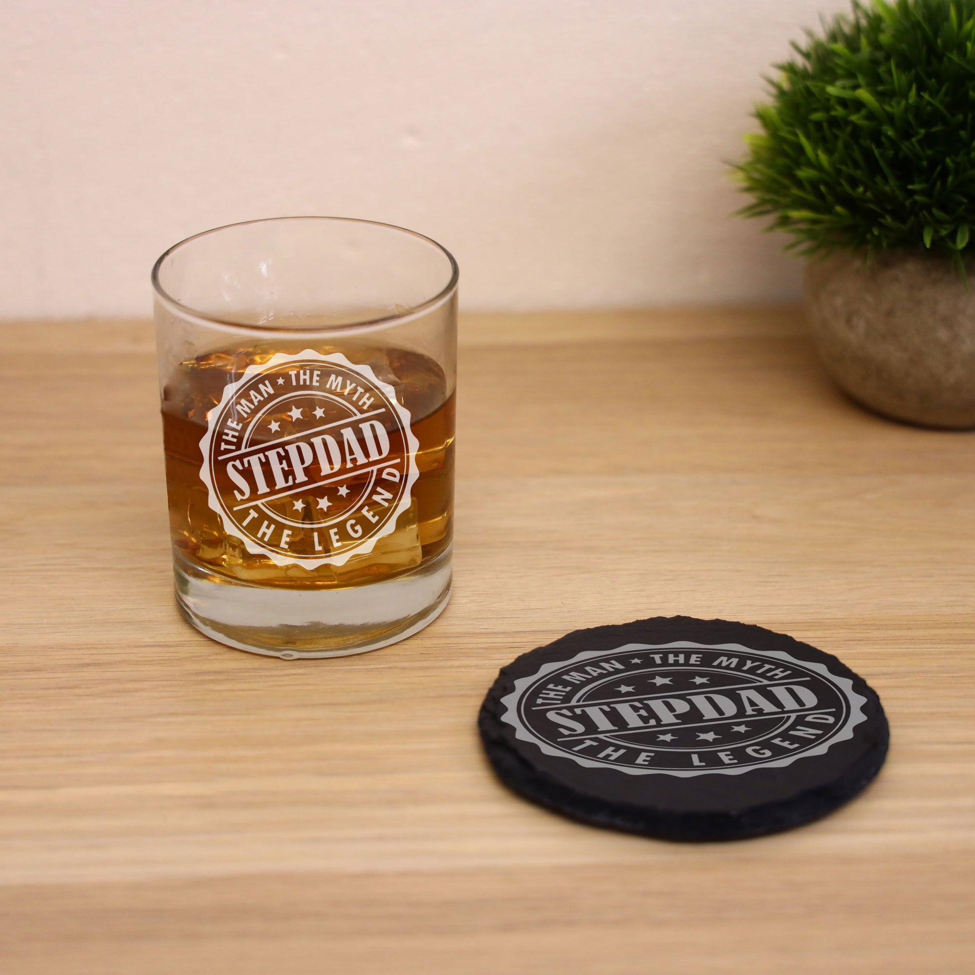 Man Myth Legend Step Dad Engraved Whisky Glass and/or Coaster Set  - Always Looking Good - Glass & Round Coaster Set  
