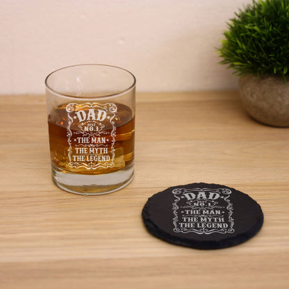 Dad The Man The Myth The Legend Engraved Whisky Glass and/or Coaster Set  - Always Looking Good - Glass & Round Coaster Set  