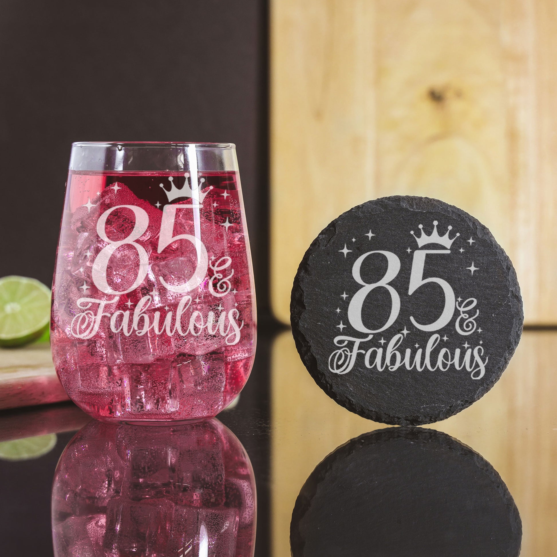 85 & Fabulous Engraved Stemless Gin Glass and/or Coaster Set  - Always Looking Good - Glass & Round Coaster Set  
