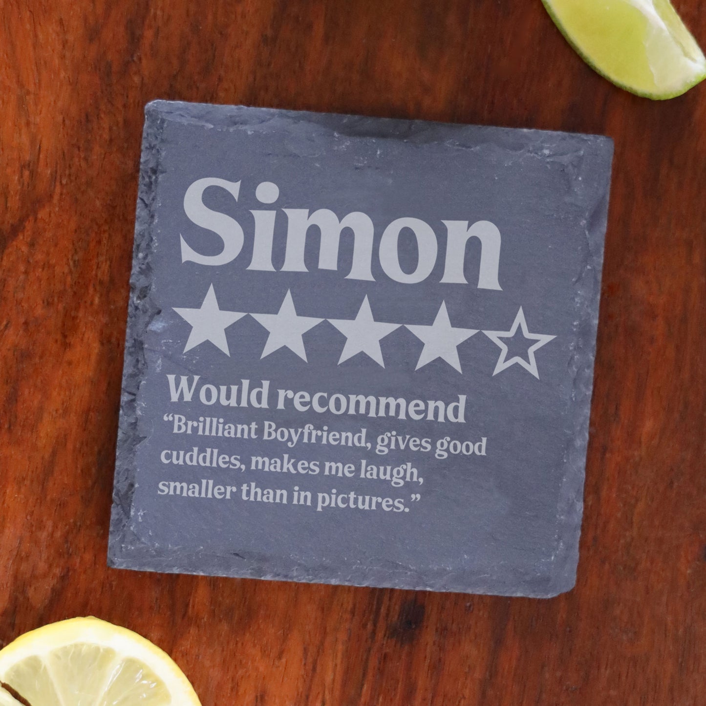 Personalised Novelty 5 Star Review Engraved Wine Glass and/or Coaster Set  - Always Looking Good - Square Coaster On Its Own  