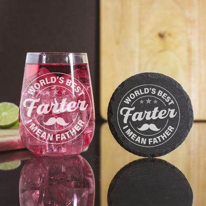 Engraved Best Farter I Mean Father Glass & Coaster Gift for Dad