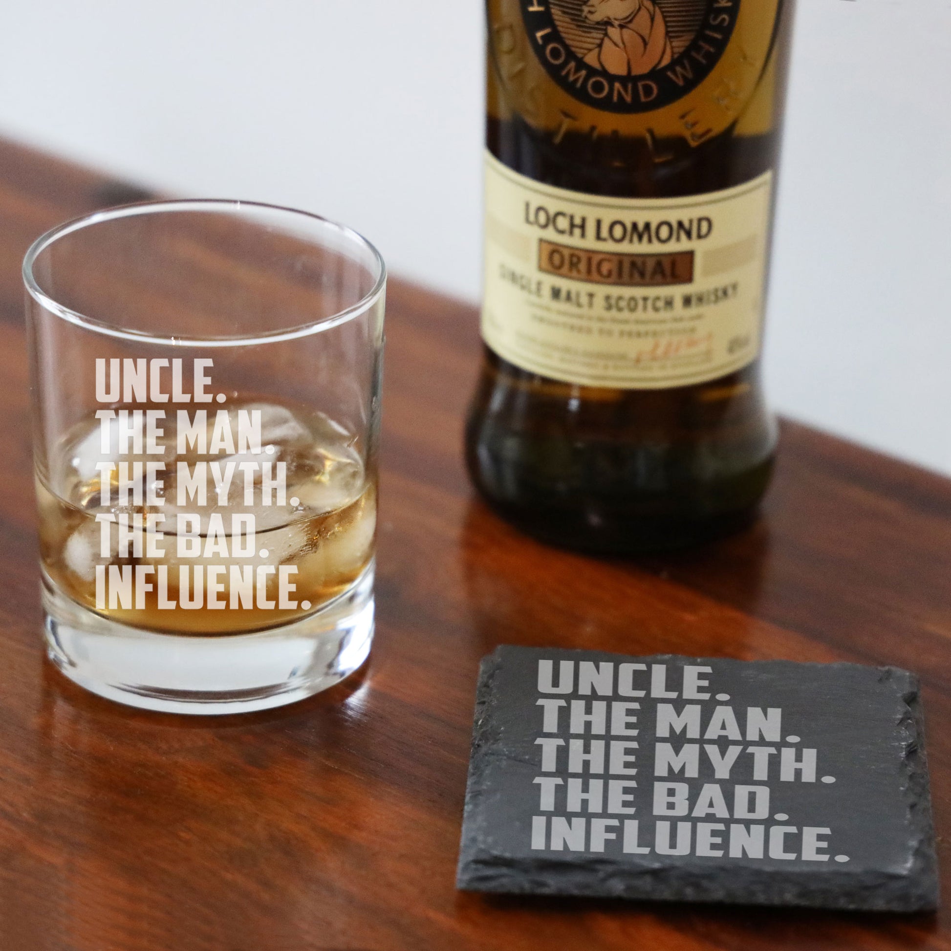 Uncle, The Man, The Myth, The Bad Influence Engraved Whisky Glass and/or Coaster Set  - Always Looking Good -   