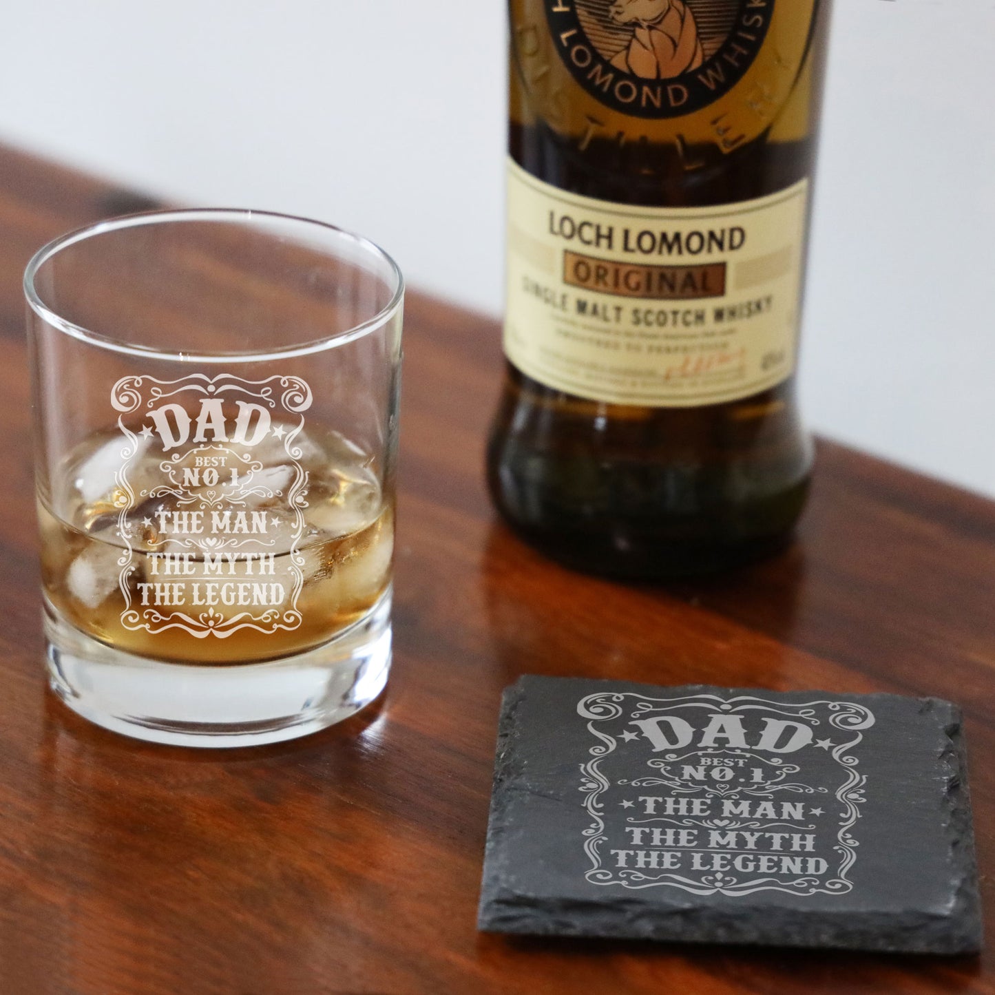 Dad The Man The Myth The Legend Engraved Whisky Glass and/or Coaster Set  - Always Looking Good - Glass & Square Coaster Set  