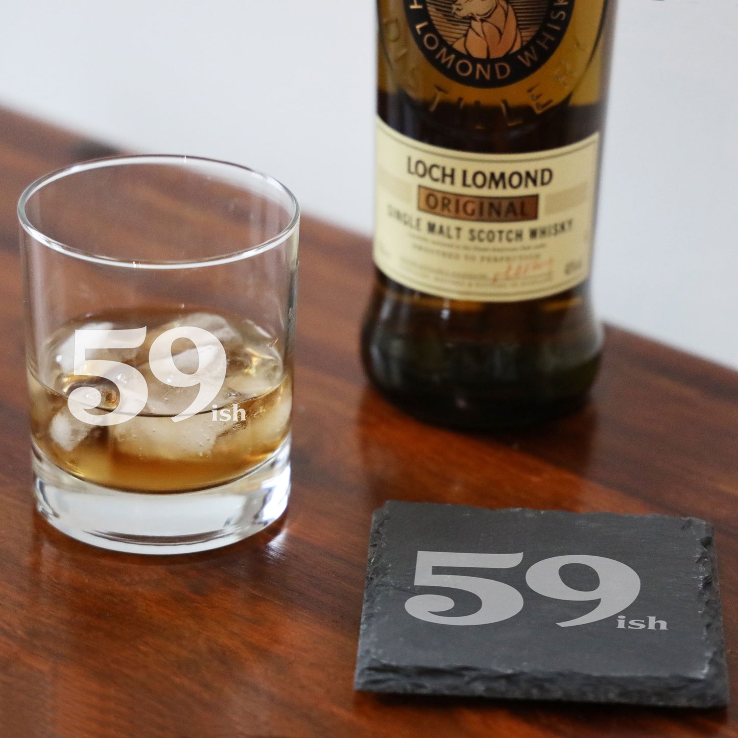 59ish Whisky Glass and/or Coaster Set  - Always Looking Good - Glass & Square Coaster Set  
