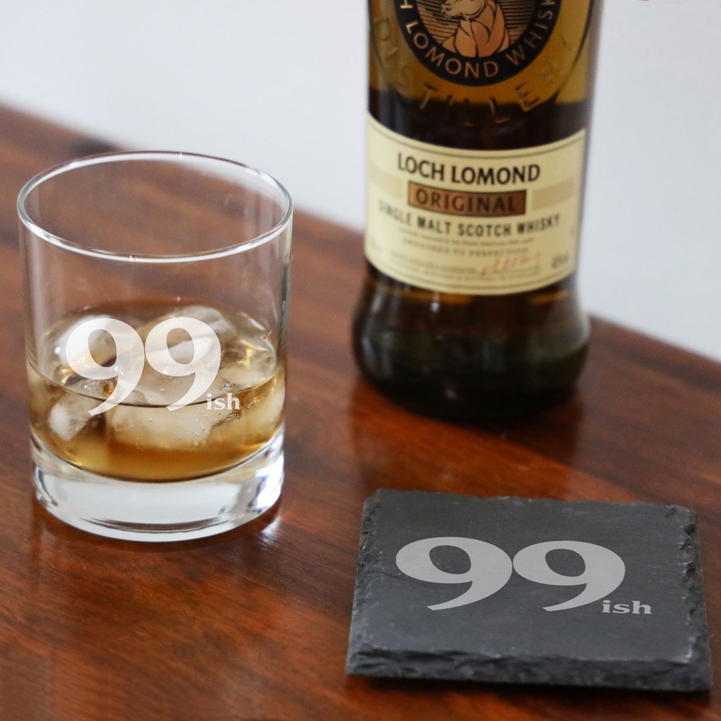 99ish Whisky Glass and/or Coaster Set  - Always Looking Good - Glass & Square Coaster Set  