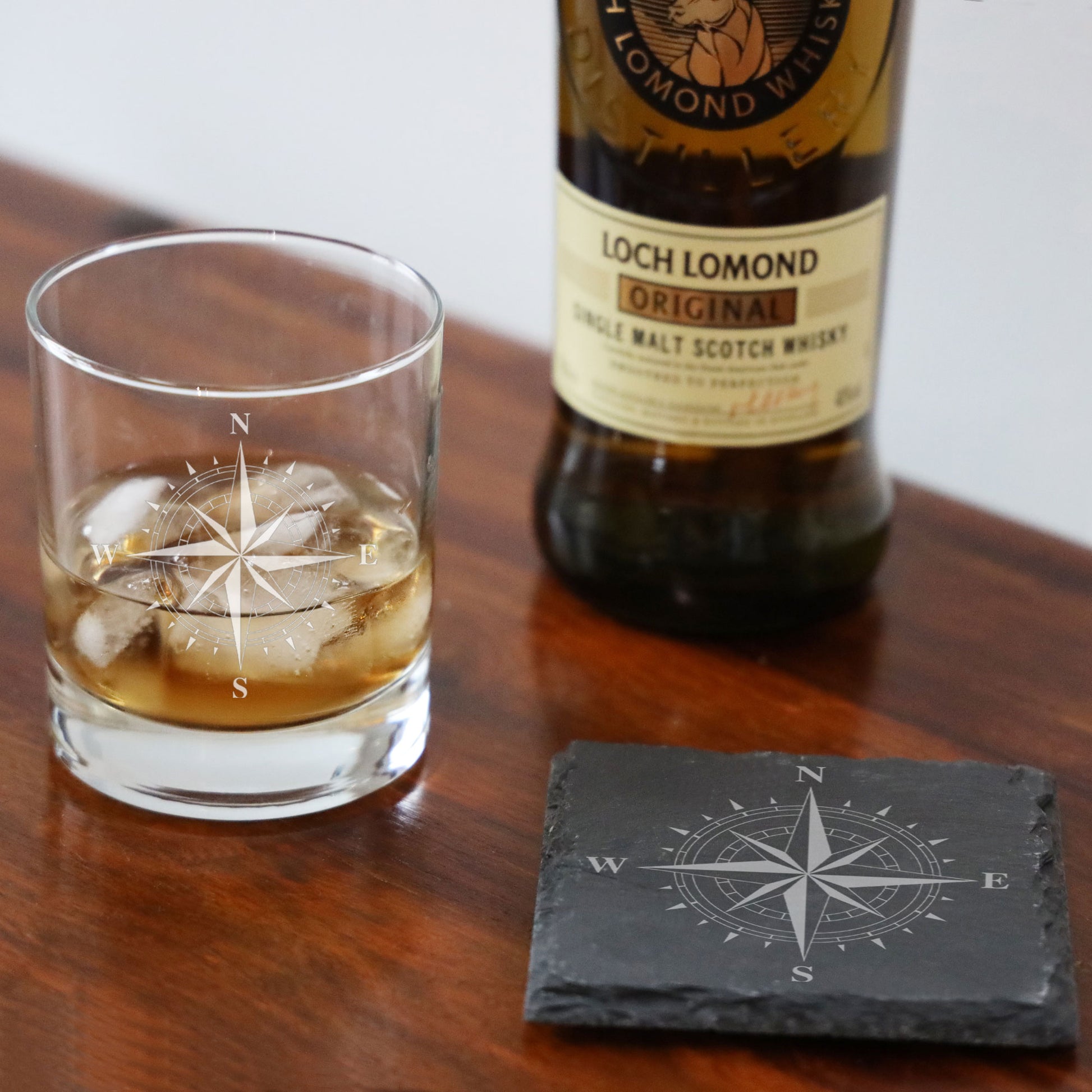 Compass Engraved Whisky Glass and/or Coaster Set  - Always Looking Good - Glass & Square Coaster Set  