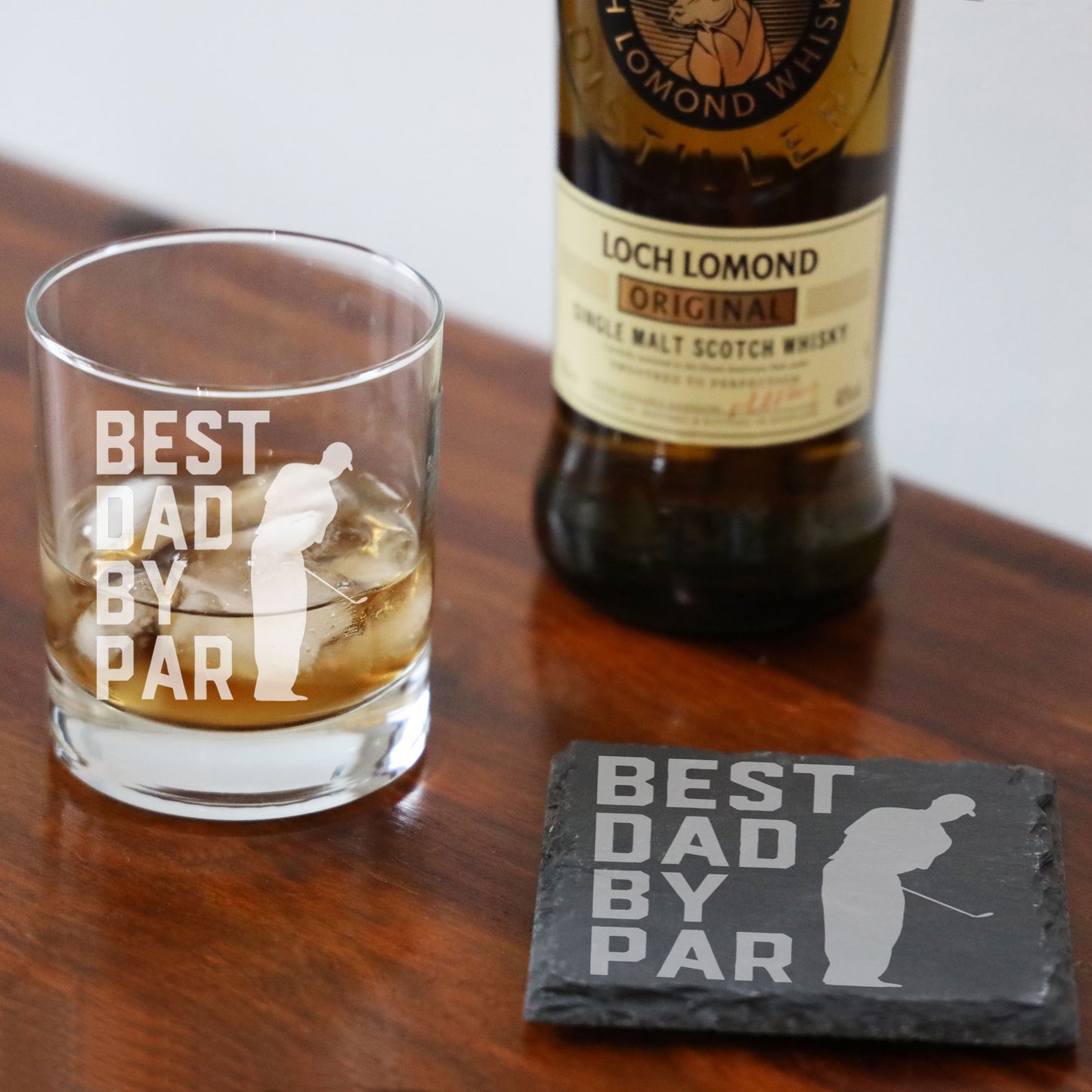 Best Dad By Par Engraved Whisky Glass and/or Coaster Set  - Always Looking Good - Glass & Square Coaster Set  