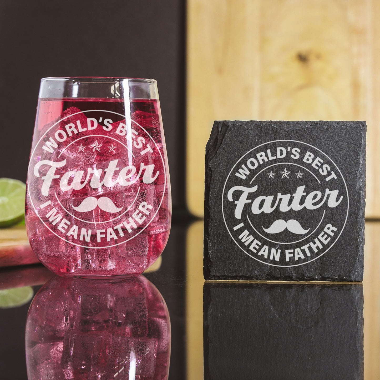 Engraved Best Farter I Mean Father Glass & Coaster Gift for Dad