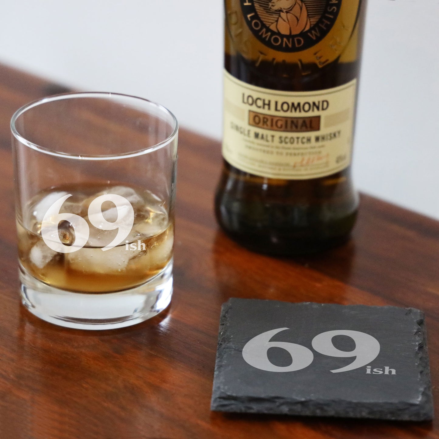 69ish Whisky Glass and/or Coaster Set  - Always Looking Good - Glass & Square Coaster Set  