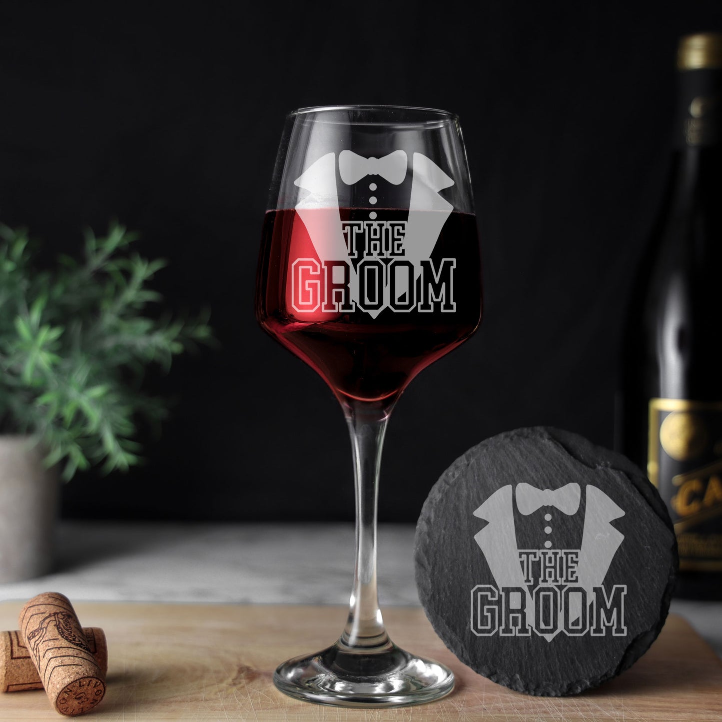 The Groom Engraved Wine Glass and/or Coaster Set  - Always Looking Good - Glass & Round Coaster Set  