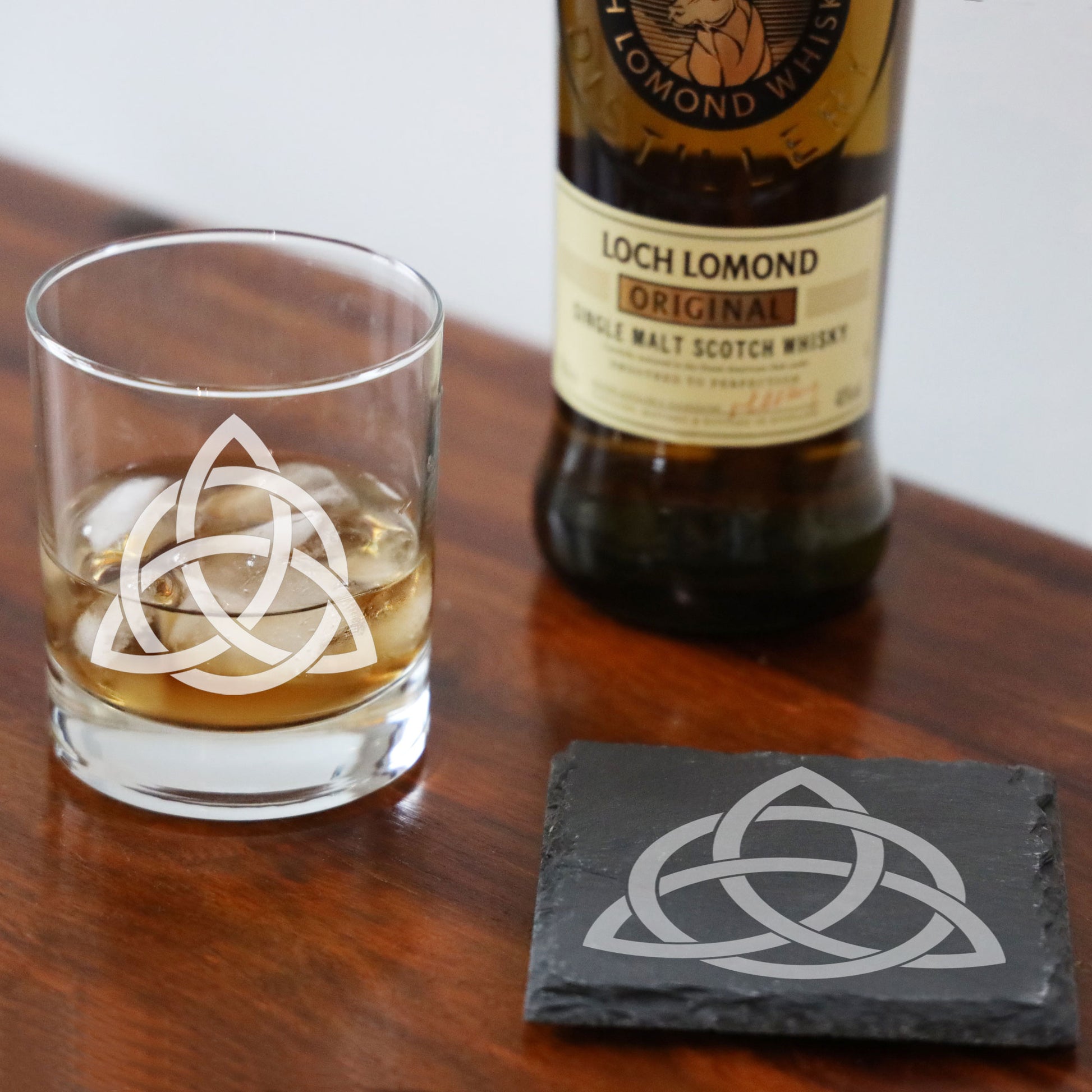 Celtic Knot Engraved Whisky Glass and/or Coaster Set  - Always Looking Good - Glass & Square Coaster Set  