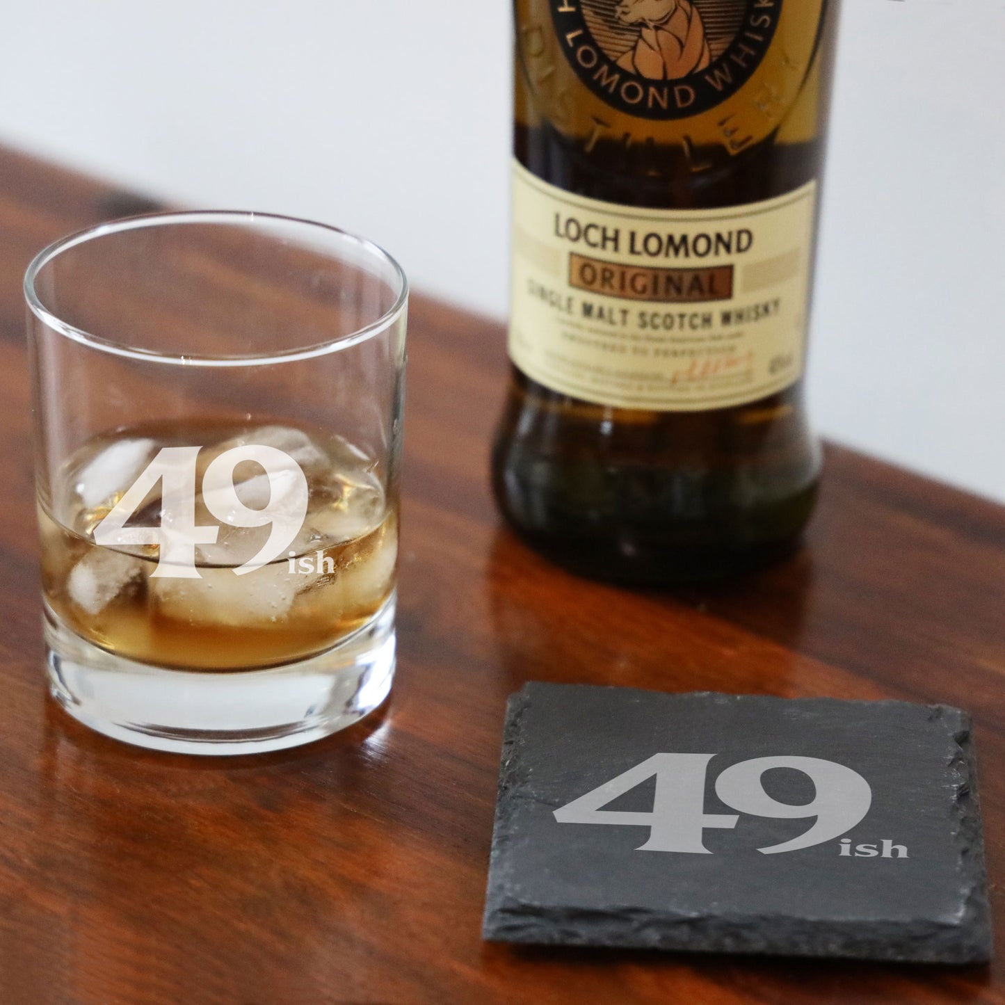 49ish Whisky Glass and/or Coaster Set  - Always Looking Good - Glass & Square Coaster Set  