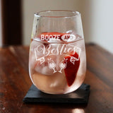 Booze and Besties Engraved Stemless Gin Glass Birthday Gift for Best Friend