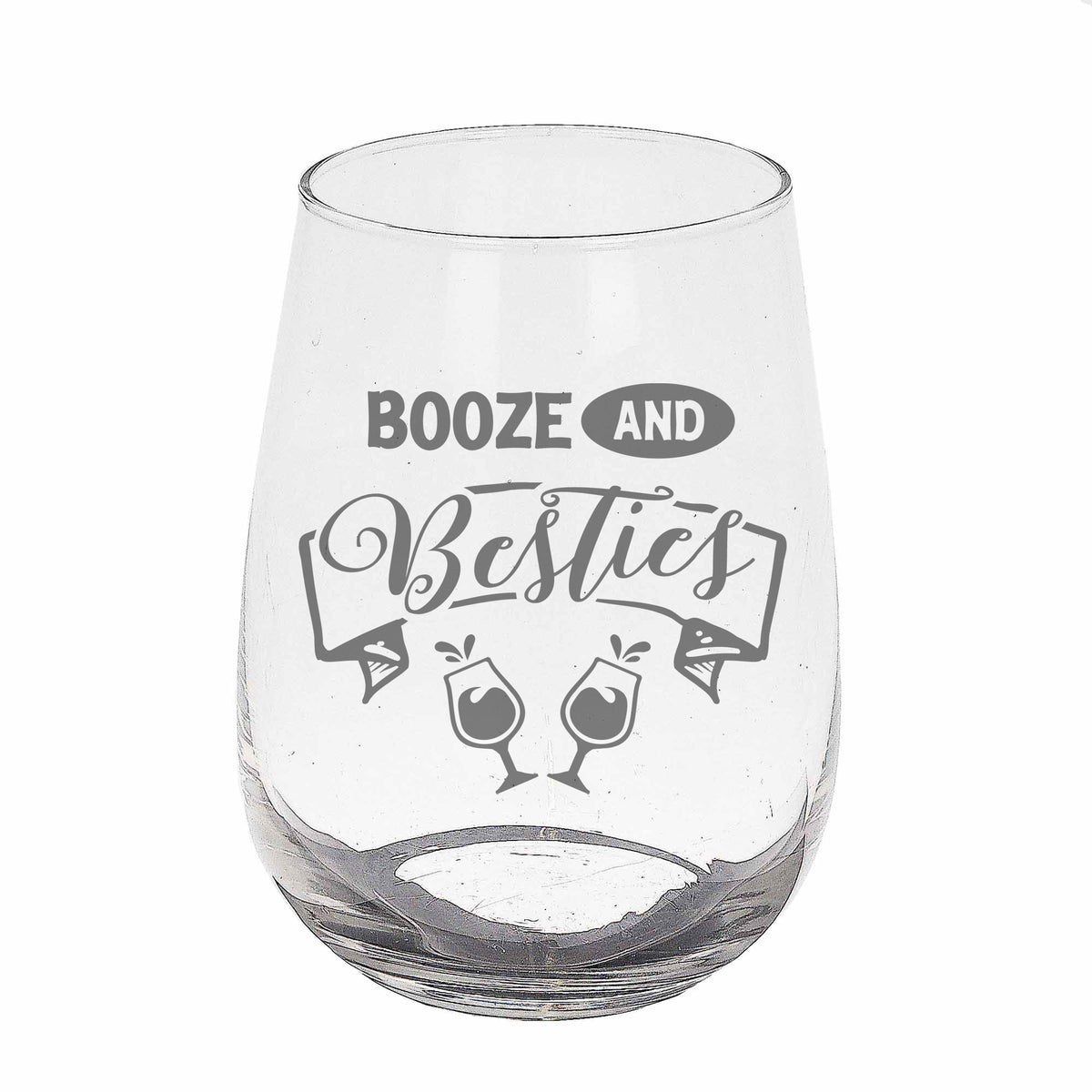 Booze and Besties Engraved Stemless Gin Glass Birthday Gift for Best Friend