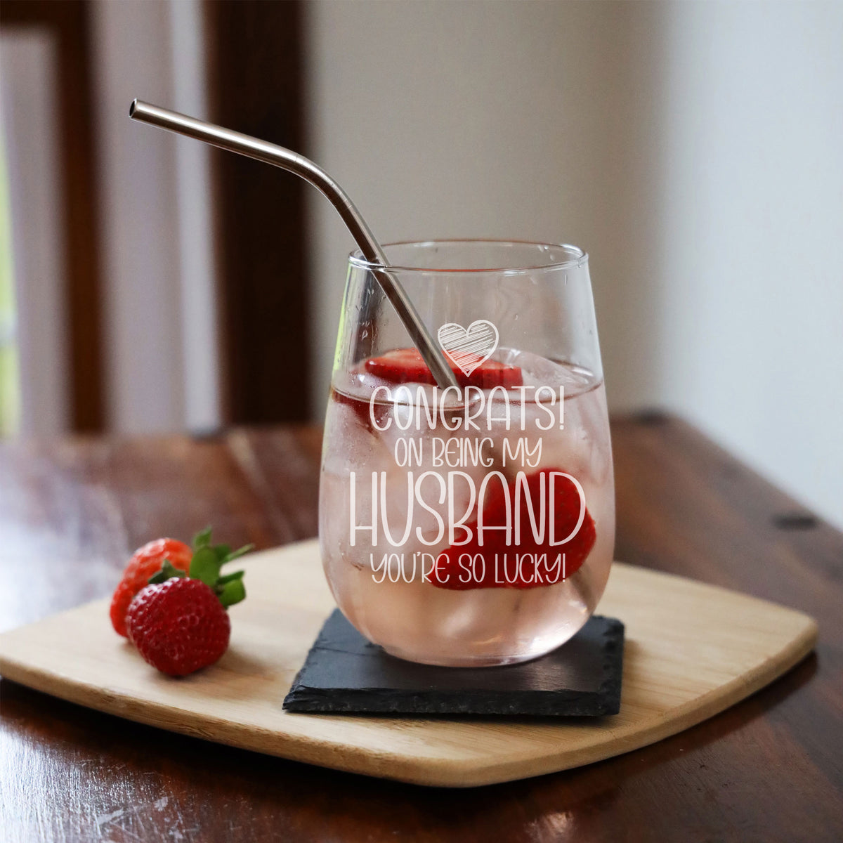 Congrats on Being my Husband Engraved Stemless Gin Glass Birthday Gift for Husband