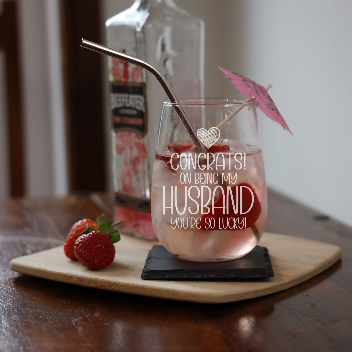 Congrats on Being my Husband Engraved Stemless Gin Glass Birthday Gift for Husband