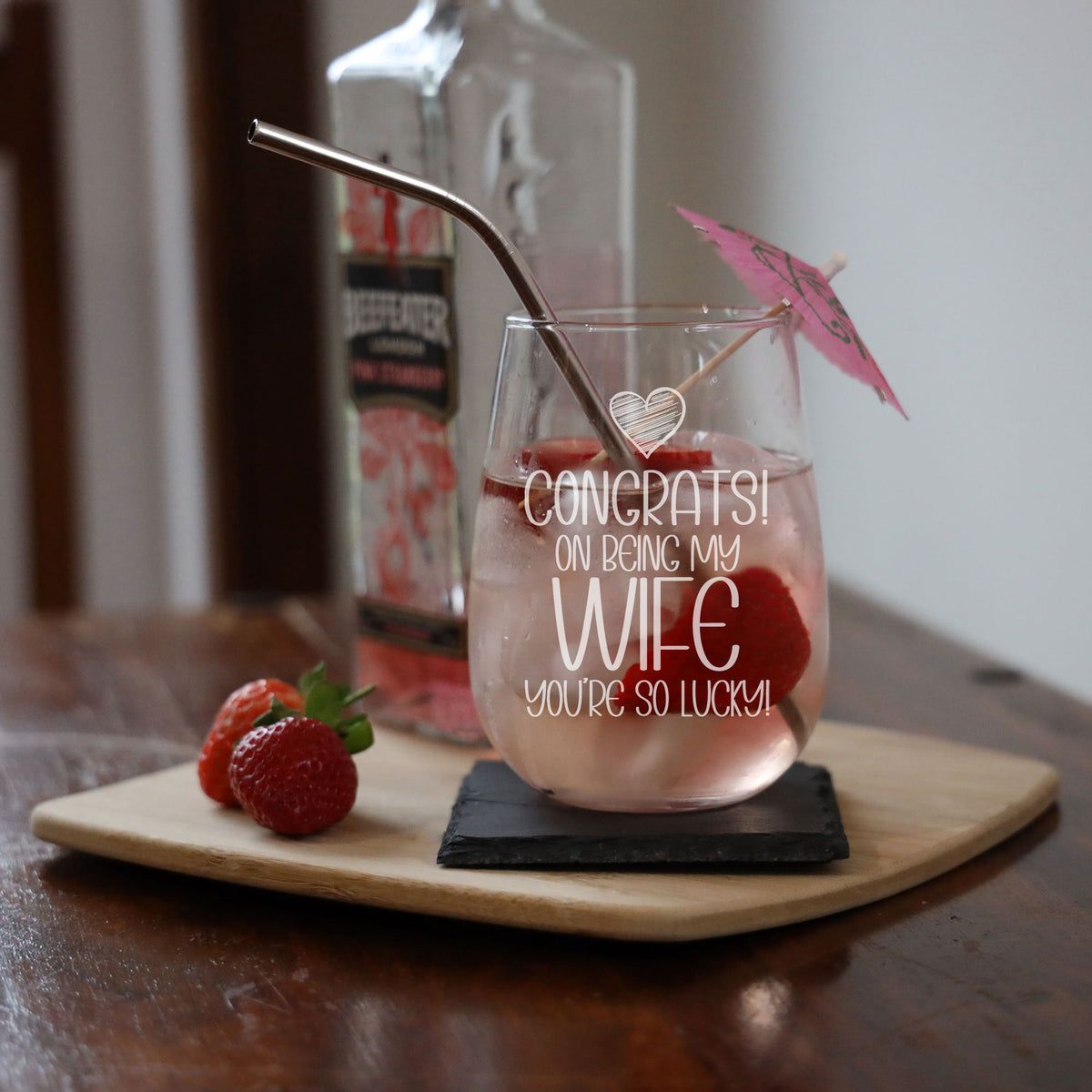 Congrats on Being my Wife Engraved Stemless Gin Glass Birthday Gift for Wife