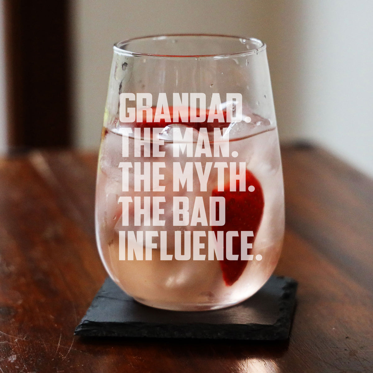 Grandad The Man The Myth The Bad Influence Stemless Gin Glass Birthday Gift